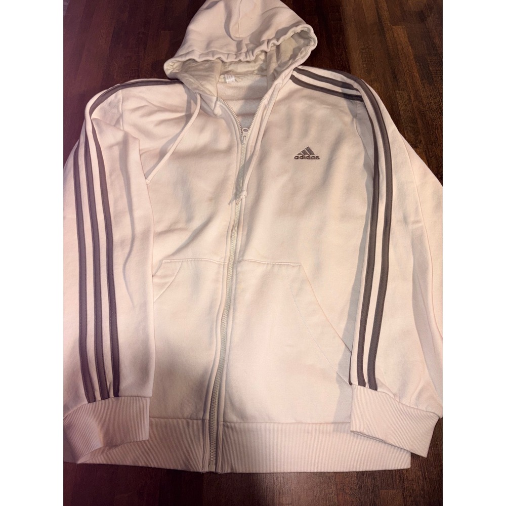 Adidas Womens Full Zip Hoodie Cream Off White Grey 3-Stripe Fleece Jacket XL